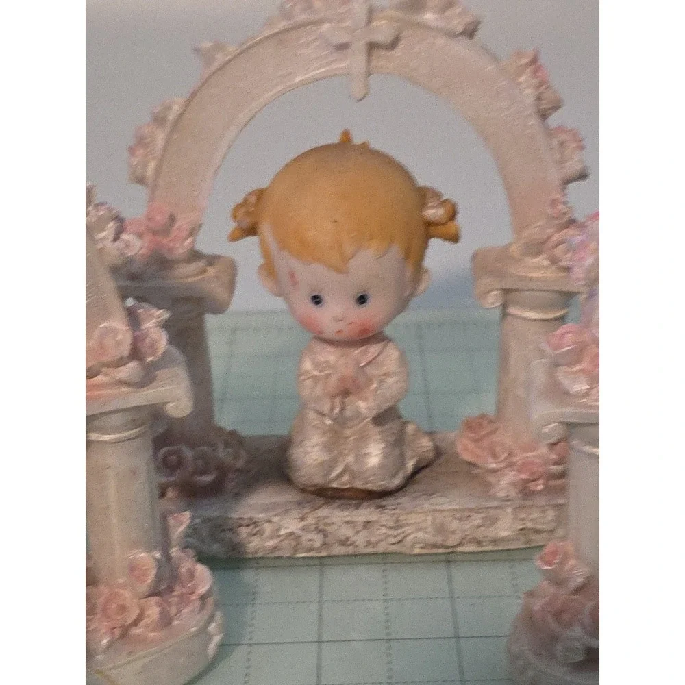Praying Child Under Arch Baptism Christening With Pink Roses Set‎ Of 5